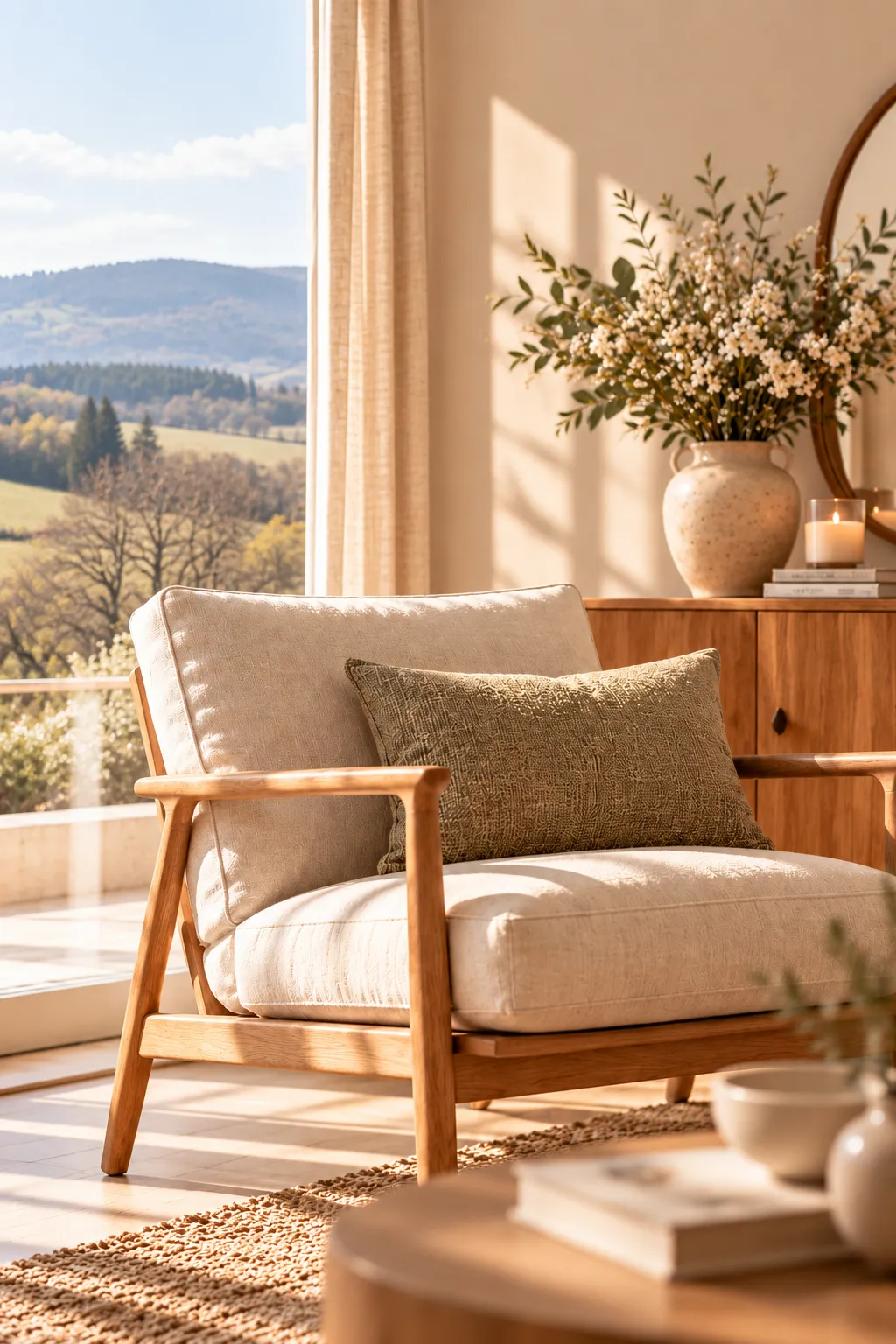Fauteuil en bois et lin devant une baie vitrée, bouquet de fleurs séchées