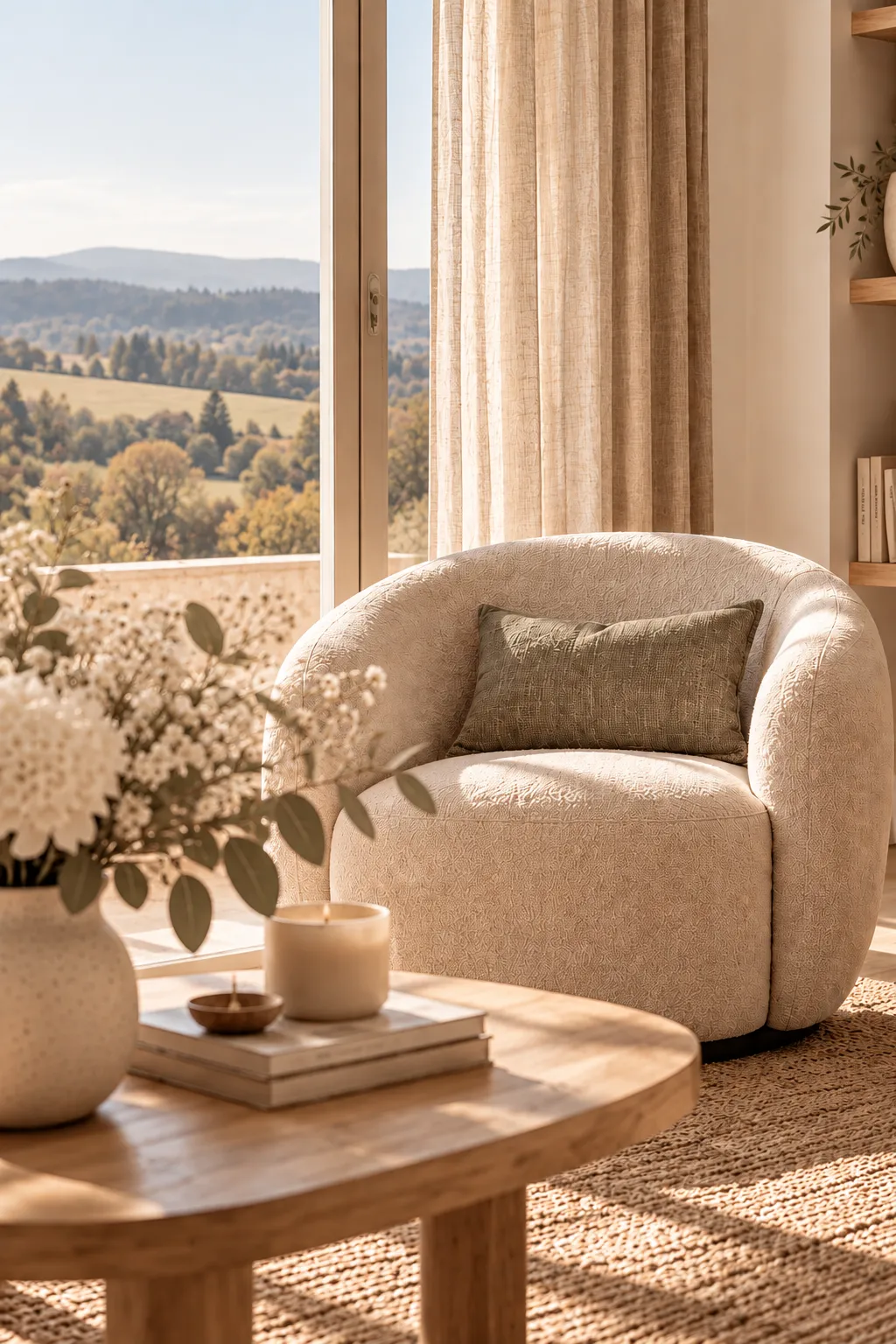 Fauteuil bouclette et table basse en bois dans un salon lumineux ouvert sur la campagne